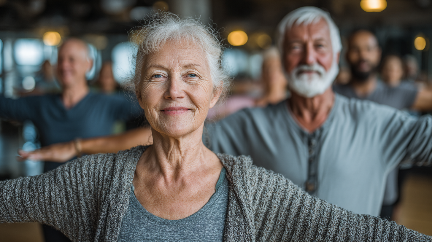 Grupo de adultos mayores en clase de yoga, ambiente cálido y acogedor